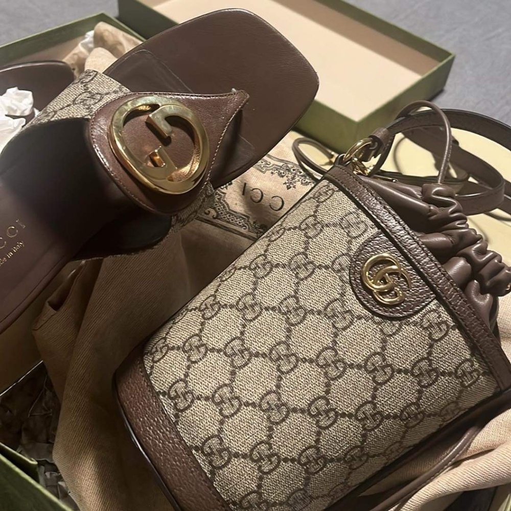 Gucci mini bucket bag and Gucci blondie sandals